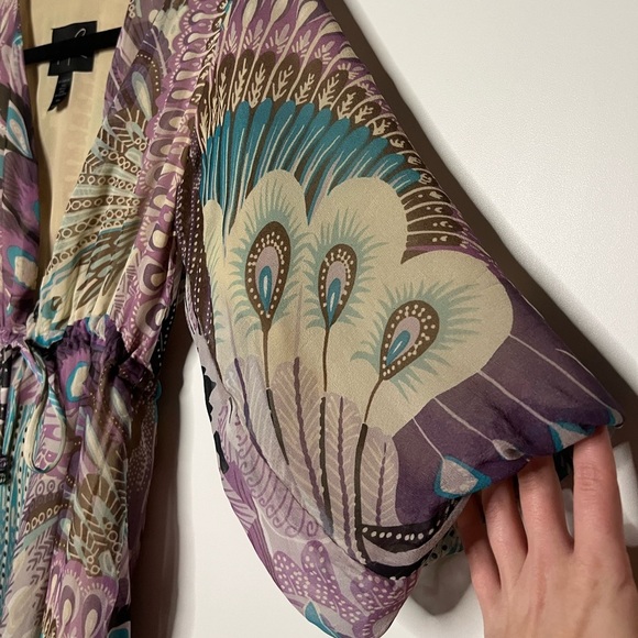 Y2K Tricia Fix 100% Silk Boho Peacock Dress - Picture 6 of 11